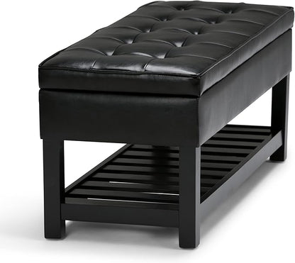 SIMPLIHOME Cosmopolitan 44 inch Wide Transitional Rectangle Storage Ottoman Bench with Open Bottom in Midnight Black Vegan Faux Leather, Assembled for the Living Room and Bedroom