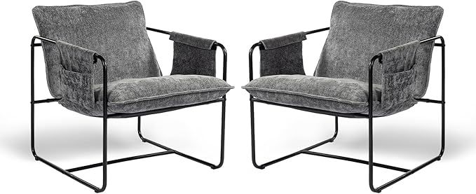 Modern Accent Chair Set of 2 Comfortable Living Room Chairs with Armrests, Bedroom Reading Chair, Chenille Upholstered Lounge Metal Chair