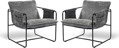 Modern Accent Chair Set of 2 Comfortable Living Room Chairs with Armrests, Bedroom Reading Chair, Chenille Upholstered Lounge Metal Chair