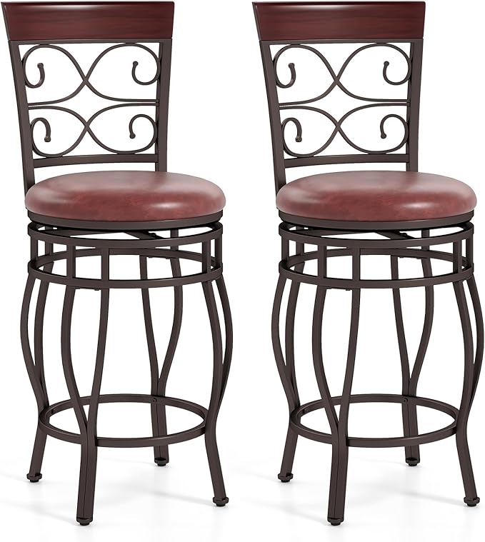 Giantex 26" Swivel Bar Stools Set of 2, Counter Height Bar Stools w/Back, Upholstered PU Leather Seat, Footrest, Max Load 330Lbs, Vintage Metal Barstools for Kitchen Island, Dining Room, Rustic Brown
