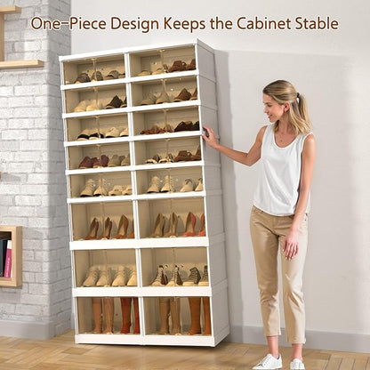 Collapsible Shoe Storage Organizer: Stackable and Large Plastic Foldable Shoe Cabinet Organizer with Magnetic Clear Door - Sneaker Boots Shoes Boxes Shoes Rack for Entryway Closet