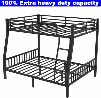 Upgraded Version Thicken Metal Full XL Over Queen Bunk Bed, Stronger Heavy Duty Steel Bunk Bed Full Over Queen Size, Best Bunkbed Frame for Adults, Easy Assembly, Black (Full XL Over Queen)