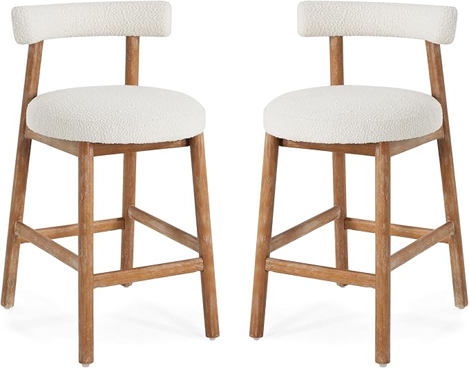 Christopher Knight Home Annes Counter Height Bar Stools Set of 2, Boucle Fabric Round Bar Stool for Kitchen Island, Wooden Dining Room Chair, Counter Stool with Footrest, Natural+Milky White