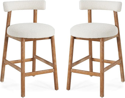 Christopher Knight Home Annes Counter Height Bar Stools Set of 2, Boucle Fabric Round Bar Stool for Kitchen Island, Wooden Dining Room Chair, Counter Stool with Footrest, Natural+Milky White