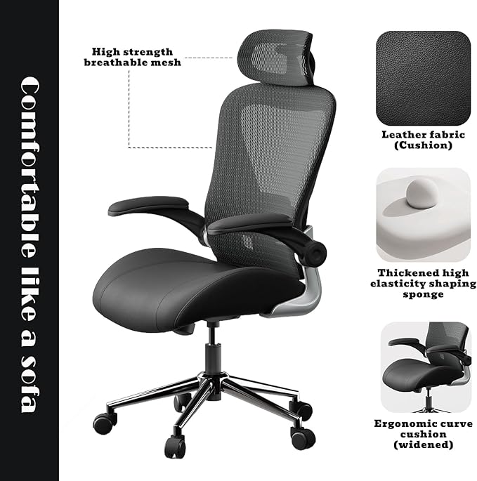 Black Ergonomic Home Office Desk Chair, Premium Thickened Leather Curved seat with Breathable mesh Back, 3D headrest and Adjustable Lumbar Support, Ideal Chair for Office or Gaming, Black