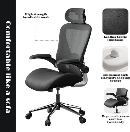 Black Ergonomic Home Office Desk Chair, Premium Thickened Leather Curved seat with Breathable mesh Back, 3D headrest and Adjustable Lumbar Support, Ideal Chair for Office or Gaming, Black