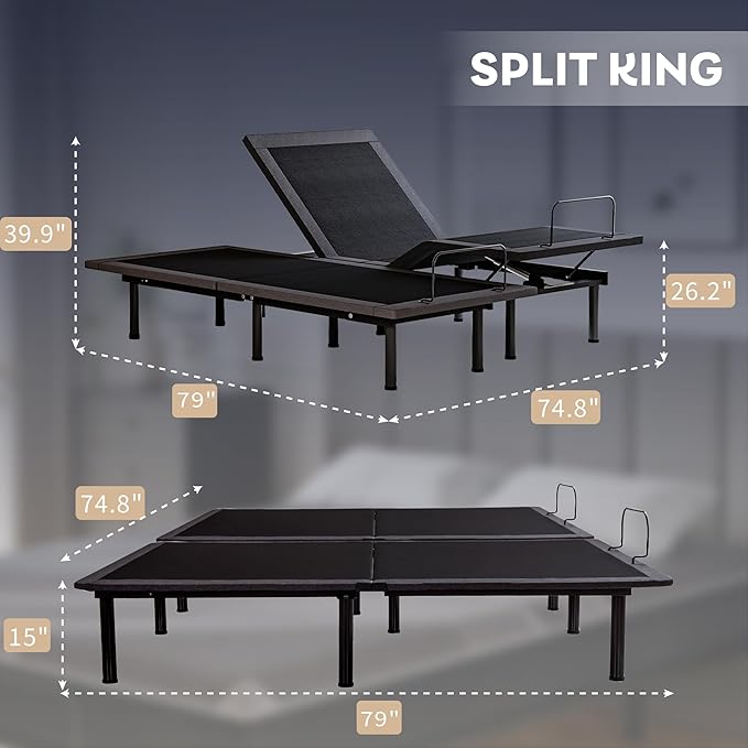 Split King Adjustable Bed Frame with 12 inch Gel Memory Foam Mattress, CertiPUR-US Certified Fiberglass Free, Zero Gravity & Wireless Remote, Head & Foot Incline, 80"×76"