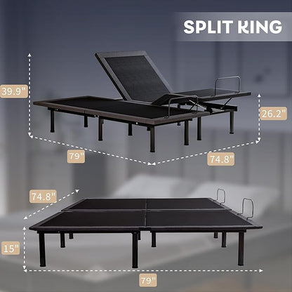 Split King Adjustable Bed Frame with 12 inch Gel Memory Foam Mattress, CertiPUR-US Certified Fiberglass Free, Zero Gravity & Wireless Remote, Head & Foot Incline, 80"×76"