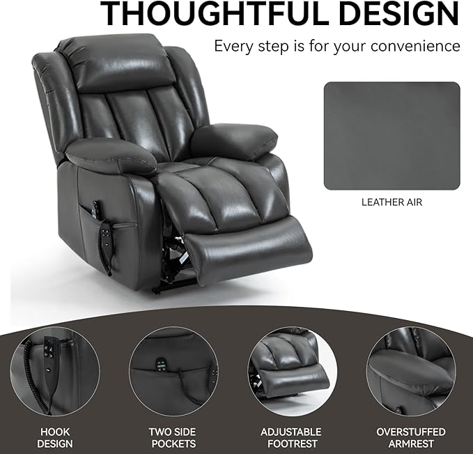 Luxlen Electric Power Lift Recliner Chair with Vibration Massage and Heat, Faux Leather Reclining Chairs for Elderly with Remote Controls, Side Pockets, Big and Tall Recliner, Gray