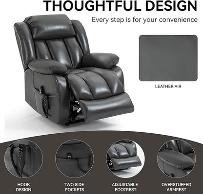 Luxlen Electric Power Lift Recliner Chair with Vibration Massage and Heat, Faux Leather Reclining Chairs for Elderly with Remote Controls, Side Pockets, Big and Tall Recliner, Gray