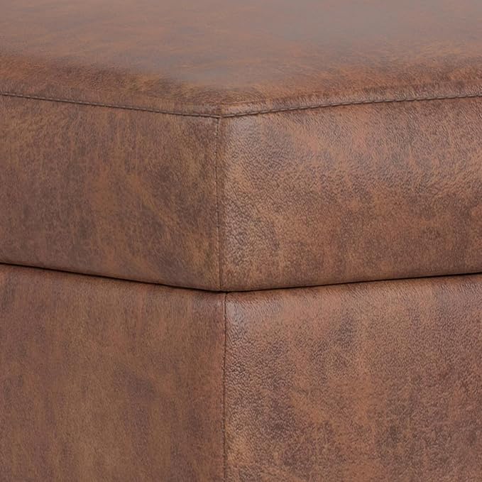 SIMPLIHOME Shiloh 26 inch Wide Transitional Contemporary Small Storage Ottoman in Distressed Saddle Brown Vegan Faux Leather, Assembled, for The Living Room, Entryway and Family Room