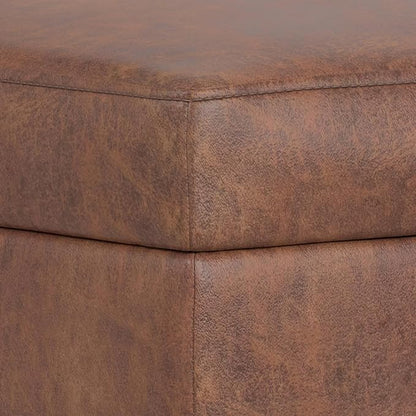 SIMPLIHOME Shiloh 26 inch Wide Transitional Contemporary Small Storage Ottoman in Distressed Saddle Brown Vegan Faux Leather, Assembled, for The Living Room, Entryway and Family Room