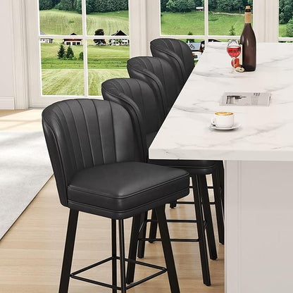 Swivel Counter Height Bar Stools Set of 3, 30'' Modern Barstools with Backs and Metal Legs, Upholstered Bar Chairs, Faux Leather Black Stools for Kitchen Island Chairs