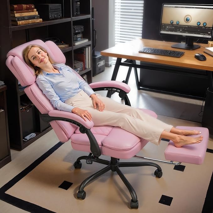 400lbs Office Chair with Foot Rest, Ergonomic Big and Tall Office Chair with Adjustable Headrest, High Back PU Leather Computer Chair,Comfy Heavy Duty Office Desk Chair (Classic Pink)