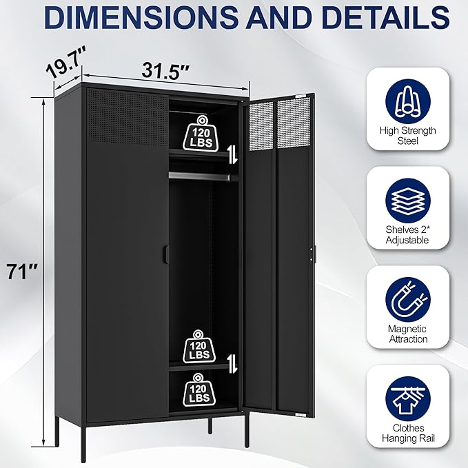 71 Inches Black Metal Wardrobe Cabinet with Hanging Rod, Metal Armoire Wardrobe Closet with Doors for Bedroom, Office, Laundry Room and Changing Room, Metal Locker Cabinet
