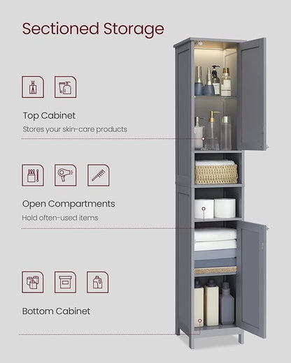 VASAGLE Tall Storage Cabinet with Lights, Slim Freestanding Cabinet with Adjustable Shelves, for Small Spaces, Bathroom, Living Room, Modern, 11.8 Inches Wide, Dove Gray UBBC566G02