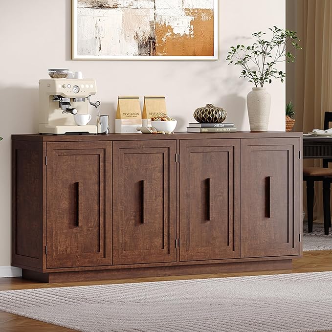 ONBRILL 63 Inches Sideboard Buffet Cabinet with Storage, 4 Doors Large Storage Cabinets with Adjustable Shelves, Modern Sideboard for Kitchen, Living Room, Entryway, Dark Walnut