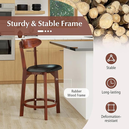 COSTWAY Bar Stool Set of 2, 23.5'' Counter Height Barstools w/Curved Backrest, Faux Leather Cushion & Rubber Wood Frame, Mid Century Modern Island Chairs for Kitchen Bar Cafe, Walnut