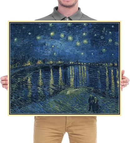 Wieco Art Gold Framed Art Starry Night Over The Rhone Canvas Prints Wall Art by Van Gogh Paintings Reproduction Canvas Prints Abstract Artwork for Living Room Wall Decor