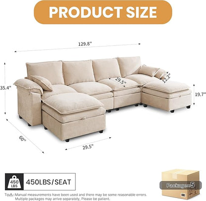 130" U Shaped Modular Sectional Sofa, Couch with Ottoman Storage, Chenille Cloud Couch with Plush Deep Seating for Living Room, Bedroom (6 Seat, Beige)