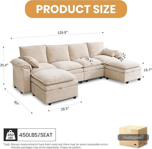 130" U Shaped Modular Sectional Sofa, Couch with Ottoman Storage, Chenille Cloud Couch with Plush Deep Seating for Living Room, Bedroom (6 Seat, Beige)