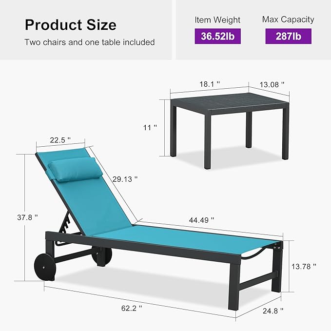 PURPLE LEAF Patio Lounge Chair Set of 3 Outdoor Chaise Lounger Aluminum Frame with Side Table and Wheels for Pool Outside Sunbathing Tanning Recliner Including Pillows Turquoise Blue