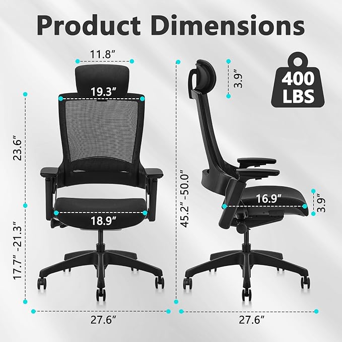 CLATINA Ergonomic High Swivel Executive Chair with Adjustable Height Head 3D Arm Rest Lumbar Support and Upholstered Back for Home Office Black Mesh/High Back