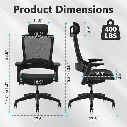 CLATINA Ergonomic High Swivel Executive Chair with Adjustable Height Head 3D Arm Rest Lumbar Support and Upholstered Back for Home Office Black Mesh/High Back