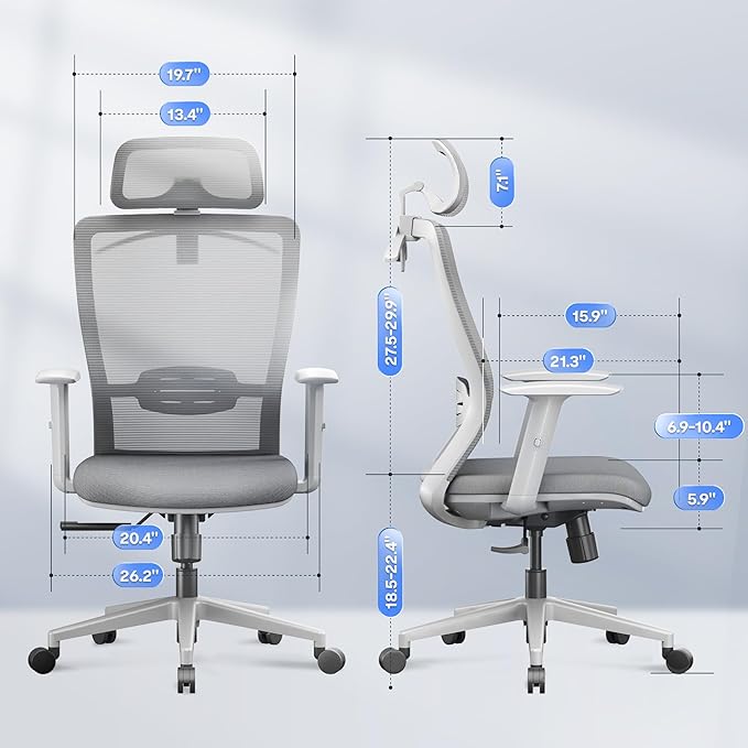 FLEXISPOT OC3 Cloud Ergonomic Office Chair, Mesh Back Computer Chair, Home Office Desk Chairs with Adjustable Lumbar Support/3D Headrest/Reliable Base, Elastic Foam Seat, Light Gray
