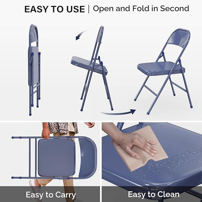 VINGLI Folding Chairs All Steel Metal Frame, Capacity 350 lbs, Durable Portable and Versatile for Indoor Outdoor Use, Darkblue, Set of 4