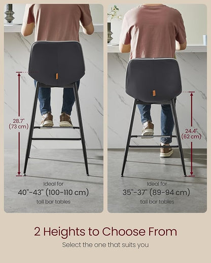 VASAGLE Bar Stools Set of 2, Counter Height Bar Stools with Back, Ergonomic Backrest, Synthetic Leather, Metal Legs, 24.4-Inch Tall Barstools for Kitchen Island Home Bar, Easy Assembly, Ink Black
