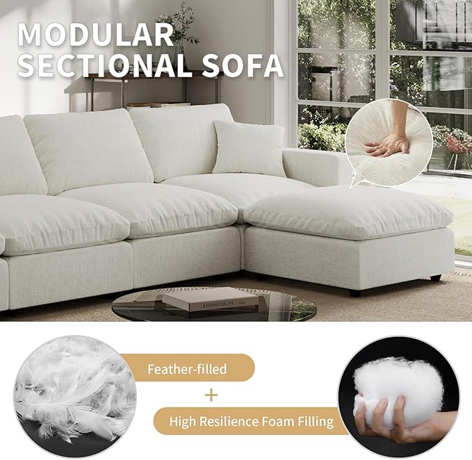 Linen Sleeper Sofa Bed,Modern Sectional Sofa Couch for Living Room,67 Inch Cloud Couches Cushion Covers Removable,Cozy Feather Down Sofa for Apartment Cream White