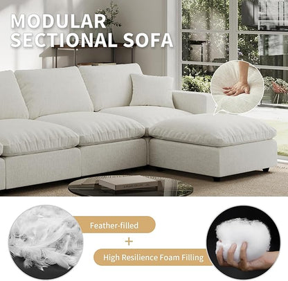 Linen Sleeper Sofa Bed,Modern Sectional Sofa Couch for Living Room,67 Inch Cloud Couches Cushion Covers Removable,Cozy Feather Down Sofa for Apartment Cream White