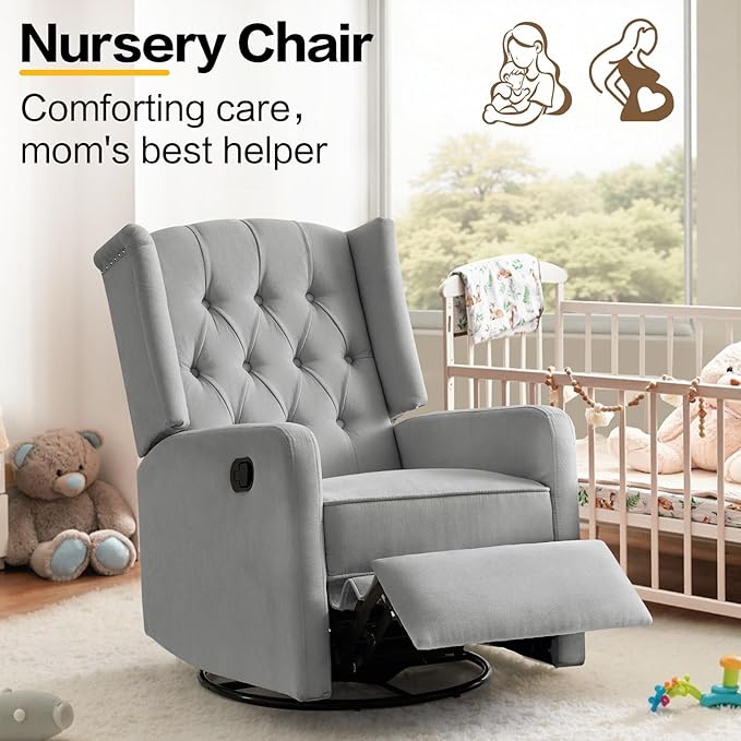 ABAKAN Swivel Rocker Recliner Chair, 360 Degree Nursery Rocking Recliner, Linen Glider Chair with Button Tufted Wingback Chair, for Living Room, Bedroom, Gray