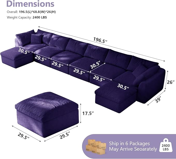 Boneless Cloud Couch Modular Sectional Sofa with Deep Seat for Living Room, L Shape Couch with Ottoman, Snowflake Cloth and 40D Memory Sponge，2 Throw Pillows (Purple, 6 Seater+2 Ottoman)
