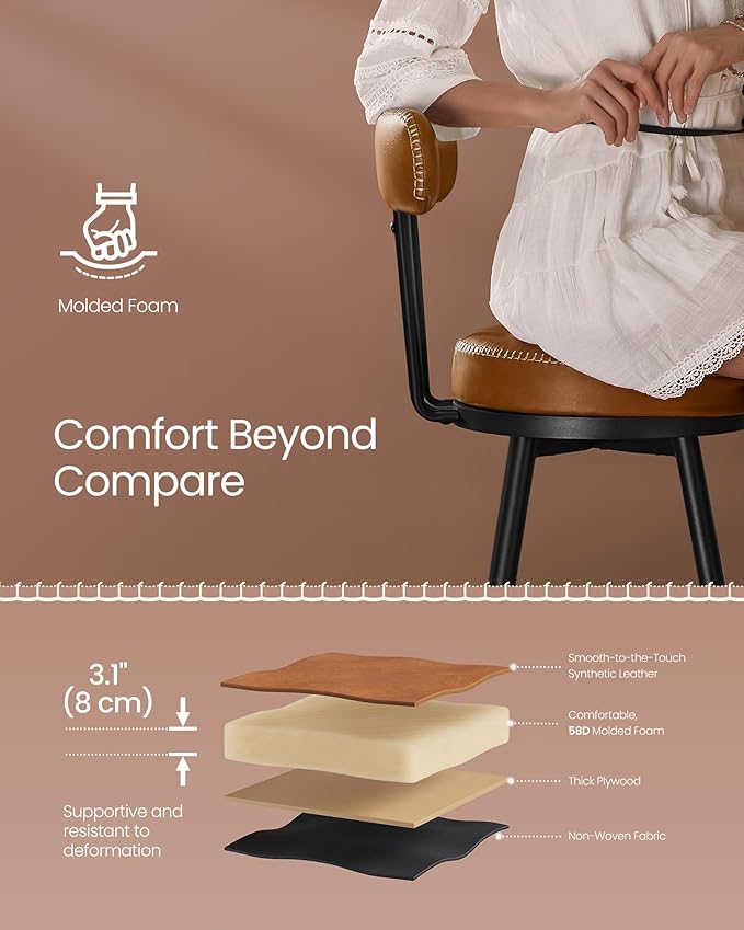 VASAGLE EKHO Collection - Bar Stools Set of 2, Swivel Counter Height Bar Stools with Back, Synthetic Leather with Stitching, Mid-Century Modern, 25.6-Inch Tall Barstools for Kitchen Bar, Caramel Brown