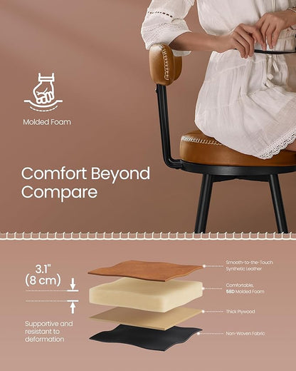 VASAGLE EKHO Collection - Bar Stools Set of 2, Swivel Counter Height Bar Stools with Back, Synthetic Leather with Stitching, Mid-Century Modern, 25.6-Inch Tall Barstools for Kitchen Bar, Caramel Brown