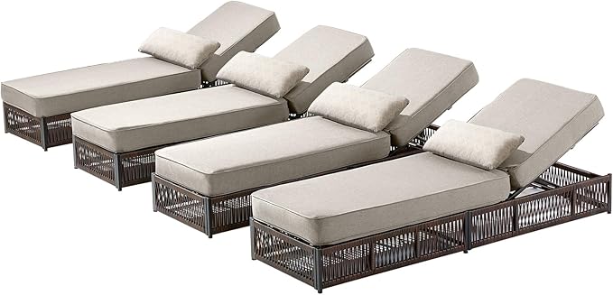 Luxury Outdoor Chaise Lounges with 5 Inch Thickened Cushions - Set of 4 High Back Brown Wicker Patio Recliners Rattan Reclining Chairs Porch Poolside Pool Sunbathing Lounger- Beige