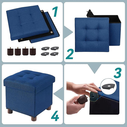 BRIAN & DANY Small Ottoman with Storage, Small Storage Ottoman, Folding Foot Stool with Wood Legs for Living Room and Bedroom Linen Rest Seat, 12.6"x12.6"x12.8" - Blue