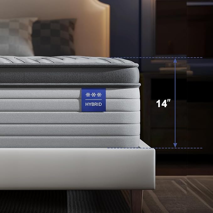 Firm King Size Mattress 14 Inch Hybrid King Mattress with Gel Memory Foam-Cooling Ice Silk Top, Support&Back Pain Relief, Individual Pocket Spring, CertiPUR-US Certified Mattress in a Box