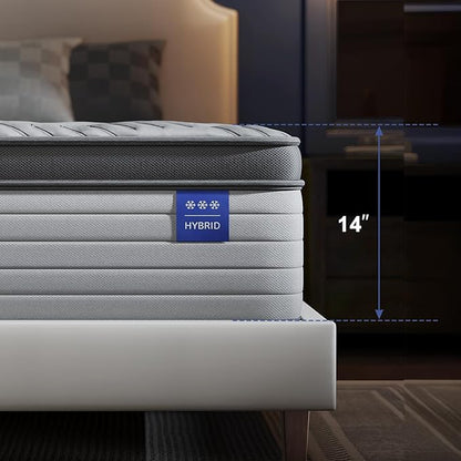 Firm King Size Mattress 14 Inch Hybrid King Mattress with Gel Memory Foam-Cooling Ice Silk Top, Support&Back Pain Relief, Individual Pocket Spring, CertiPUR-US Certified Mattress in a Box