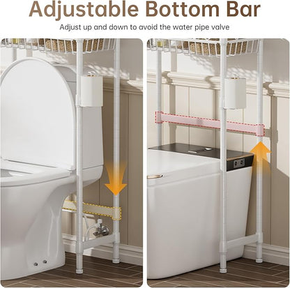3-Tier Over-The-Toilet Storage Shelf,Heavy-Duty Adjustable Bathroom Rack with 2 Mesh Baskets,Toilet Paper Holder & Hooks,Space-Saving Organizer for Bathroom,10”D x 24”W x 66”H,White