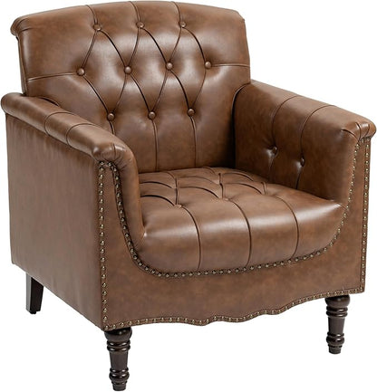 UIXE Brown Accent Chair for Living Room, Faux Leather Tufted Arm Chair Retro Upholstered Club Armchair for Bedroom