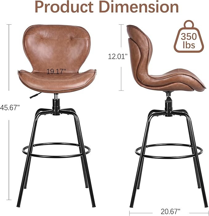 VECELO Swivel Counter Height Bar Stools Set of 2, Faux Leather Upholstered Bar Chairs with Back, Sturdy, Stylish, Easy to Clean, Barstools for Kitchen Island, Brown