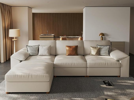EASE MOOSE Leather Sectional Couch, Oversized Modular Sectional Sofas, Wide Deep Seat Modular Couch, Scratch Resistant Faux Leather Material, L Shaped Sofa for Big Spaces, Beige
