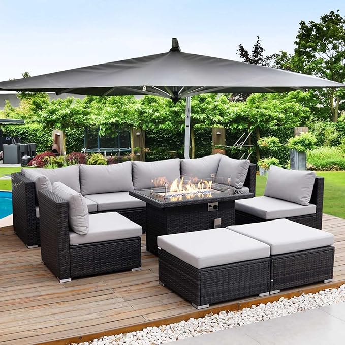 NICESOUL 29.3'' High Back Outdoor Patio Conversation Set with Firepit Natural Gas Propane Convertible, Plus Size Modular Wicker Furniture Couches, 9 Piece Modern Deep Wide Sectional Sofa, Light Gray