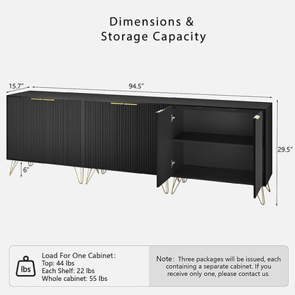 Fluted Storage Cabinet, Set of 3, Sideboard Buffet Cabinet, Modern Wood Accent Cabinet with Adjustable Shelves, Console Table for Living Room, Hallway, Entryway, Black
