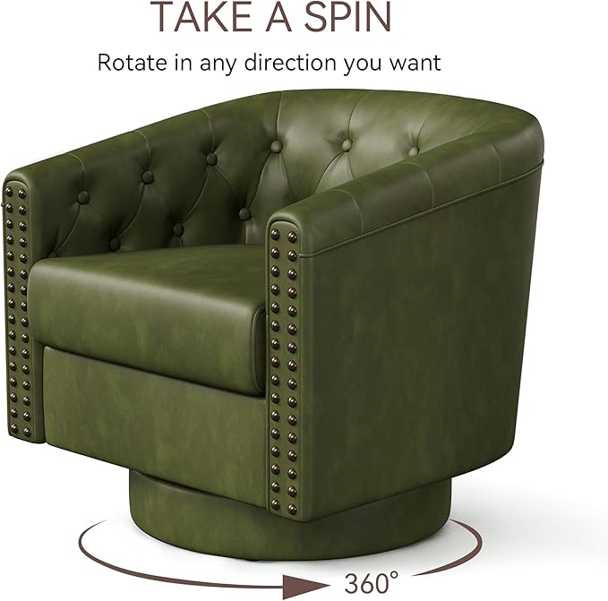 Swivel Barrel Accent Chair,Round Nailhead Faux Leather Living Room Arm Chairs,Modern Upholstered Comfty Reading Nook Chairs for Bedroom,Small Club Armchair,Single Sofa Side Chair,Olive Green
