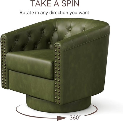 Swivel Barrel Accent Chair,Round Nailhead Faux Leather Living Room Arm Chairs,Modern Upholstered Comfty Reading Nook Chairs for Bedroom,Small Club Armchair,Single Sofa Side Chair,Olive Green