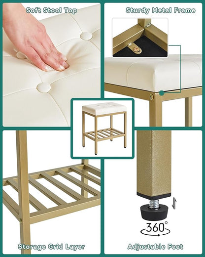 IBUYKE Rectangular Makeup Stool with Adjustable Feet and Storage Space, Footrest Chair, PU Vanity Seat, Multi-Use as Small Side Table or Ottoman, for Bedroom, White WBD017W